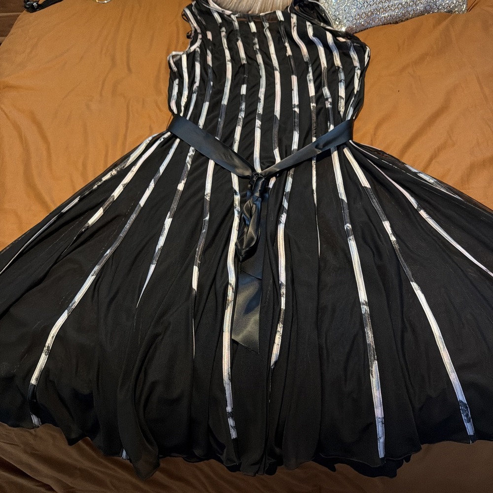 S.L. Fashions Plus Size 18W Sleeveless Belted Fit And Flare Mesh Stripe